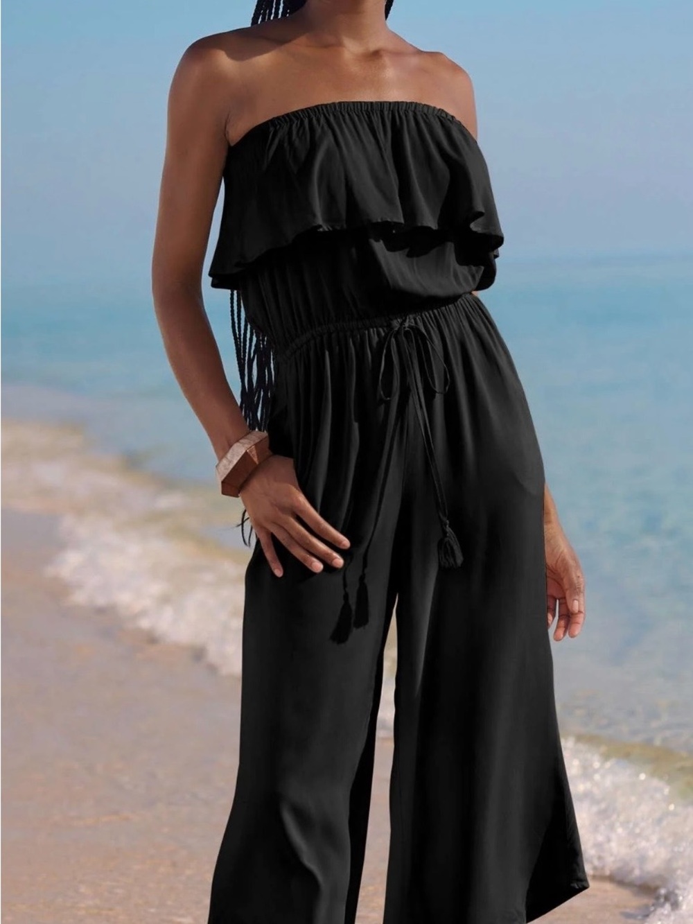 VENUS Black Strapless Ruffle Wide-Leg Jumpsuit